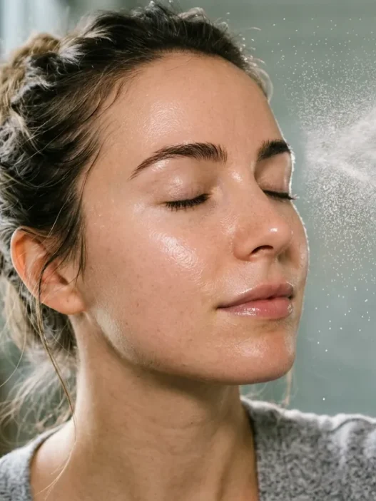 Woman's face with fine mist of facial spray above cheekbone in soft natural window light, skin texture visible