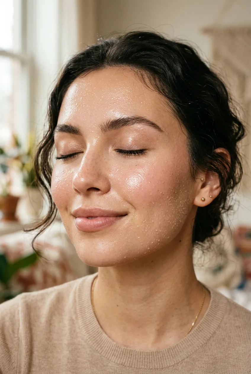 Woman's finished glowing face after setting spray with luminous second-skin finish across cheekbones in natural light
