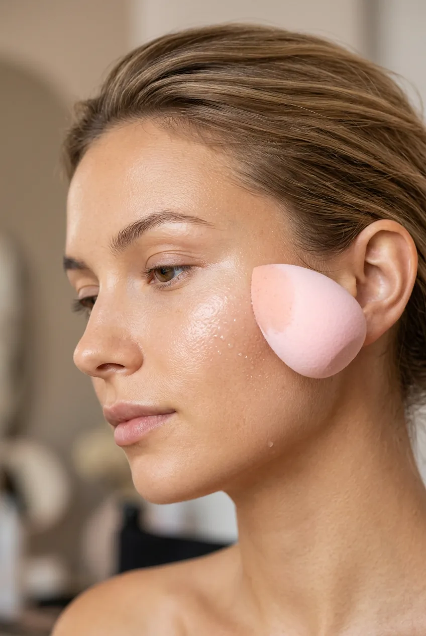 Setting spray applied with beauty sponge to cheekbone creating dewy luminous finish