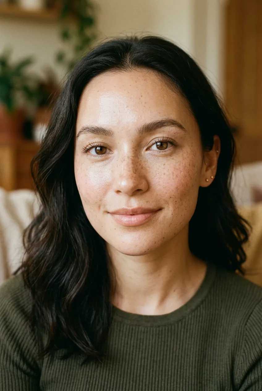 Woman with sheer natural-looking foundation showing freckles and soft barely-there blush in minimalist 90s style