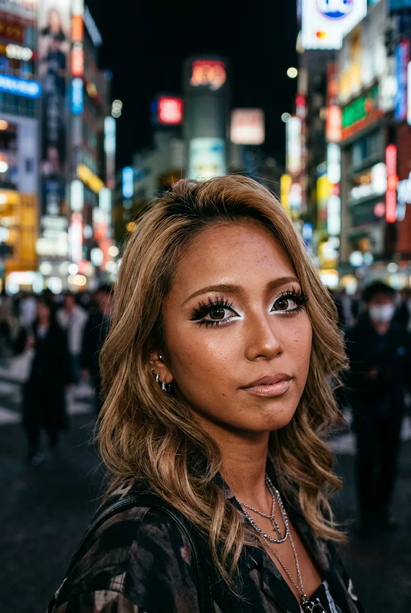 Woman with circle lenses and bronzed skin in classic gyaru style against a blurred neon-lit street backdrop