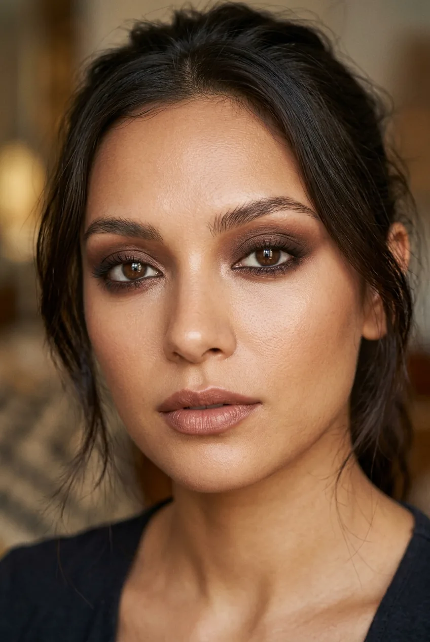 Woman with warm smoky brown eye using chocolate and taupe eyeshadow with nude lip in 90s sultry portrait