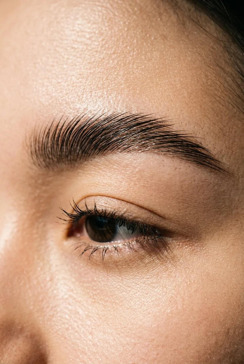 Extreme close-up of brushed-up soap brow texture with individual defined hairs under raking sidelight
