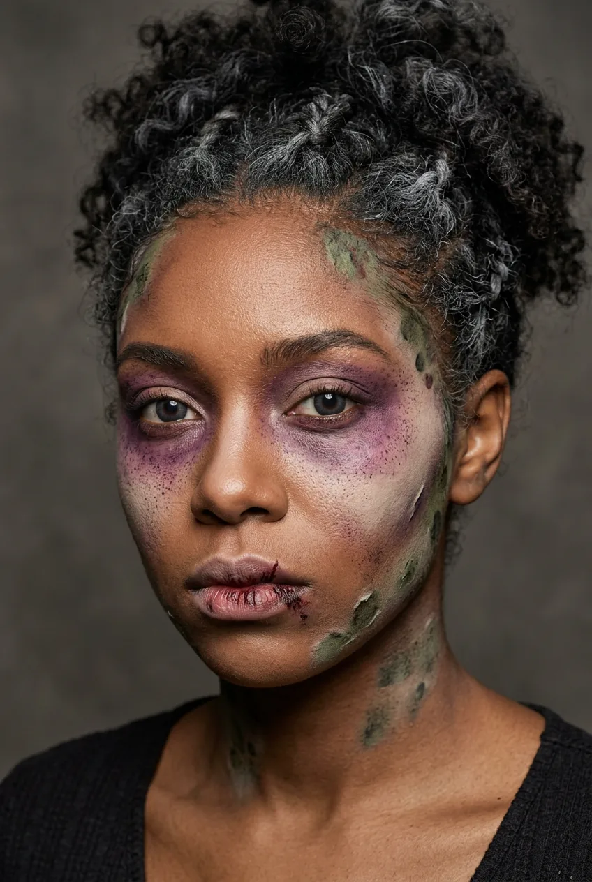 Woman with stippled purple bruising and sickly green patches at jaw and temples as zombie colour makeup transformation