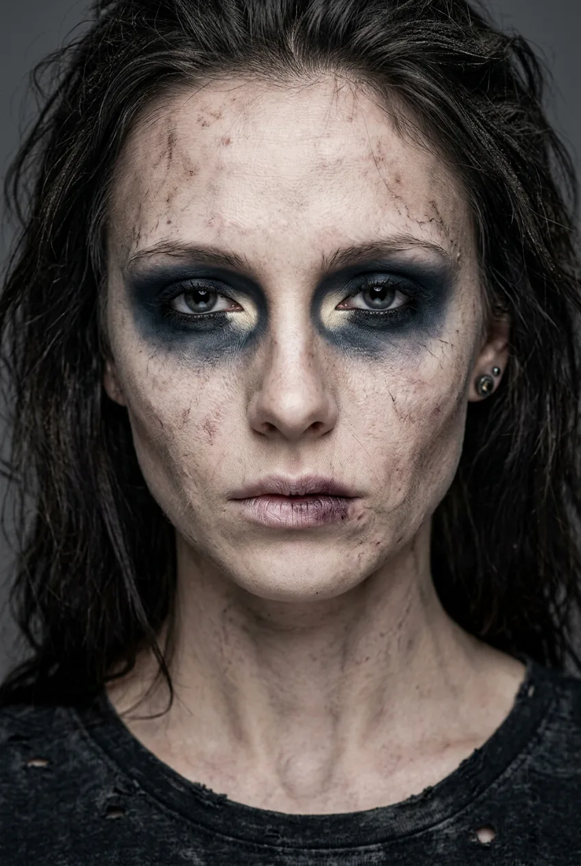 Close-up of zombie makeup showing dramatically deepened eye sockets with dark cool shadow past crease and pale inner corner highlight