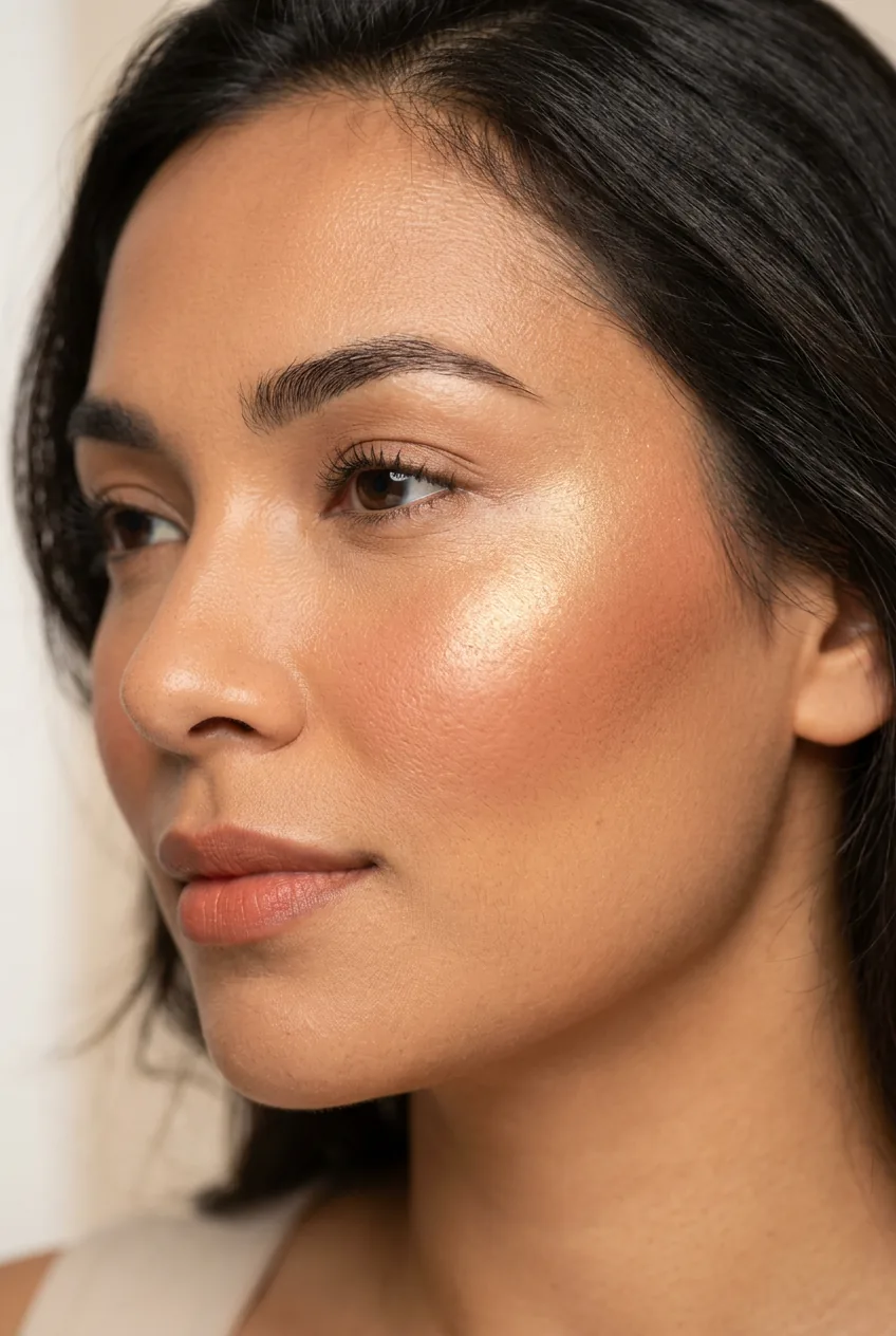 Close-up of a warm-toned cheek showing terracotta blush and matte bronzer with golden highlighter catching studio light