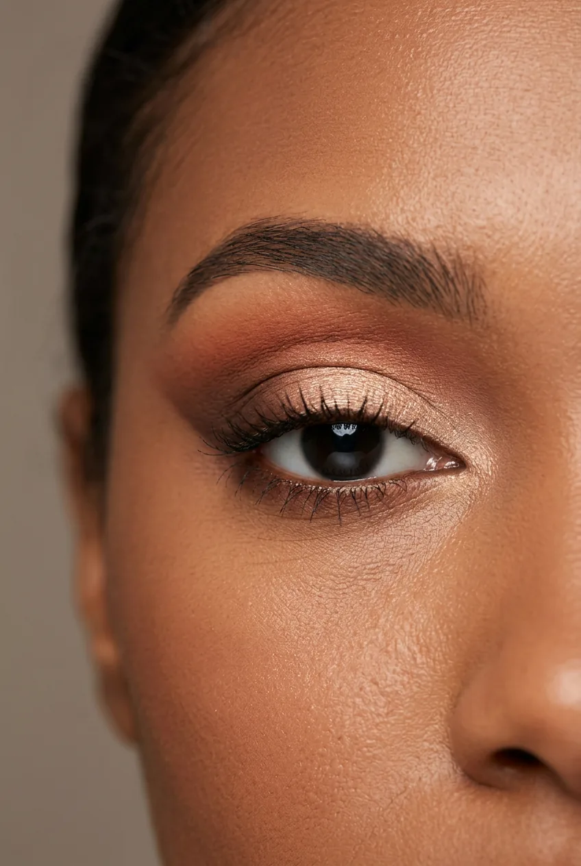 Close-up of one eye showing layered terracotta and warm brown eyeshadow blended through the crease and outer corner
