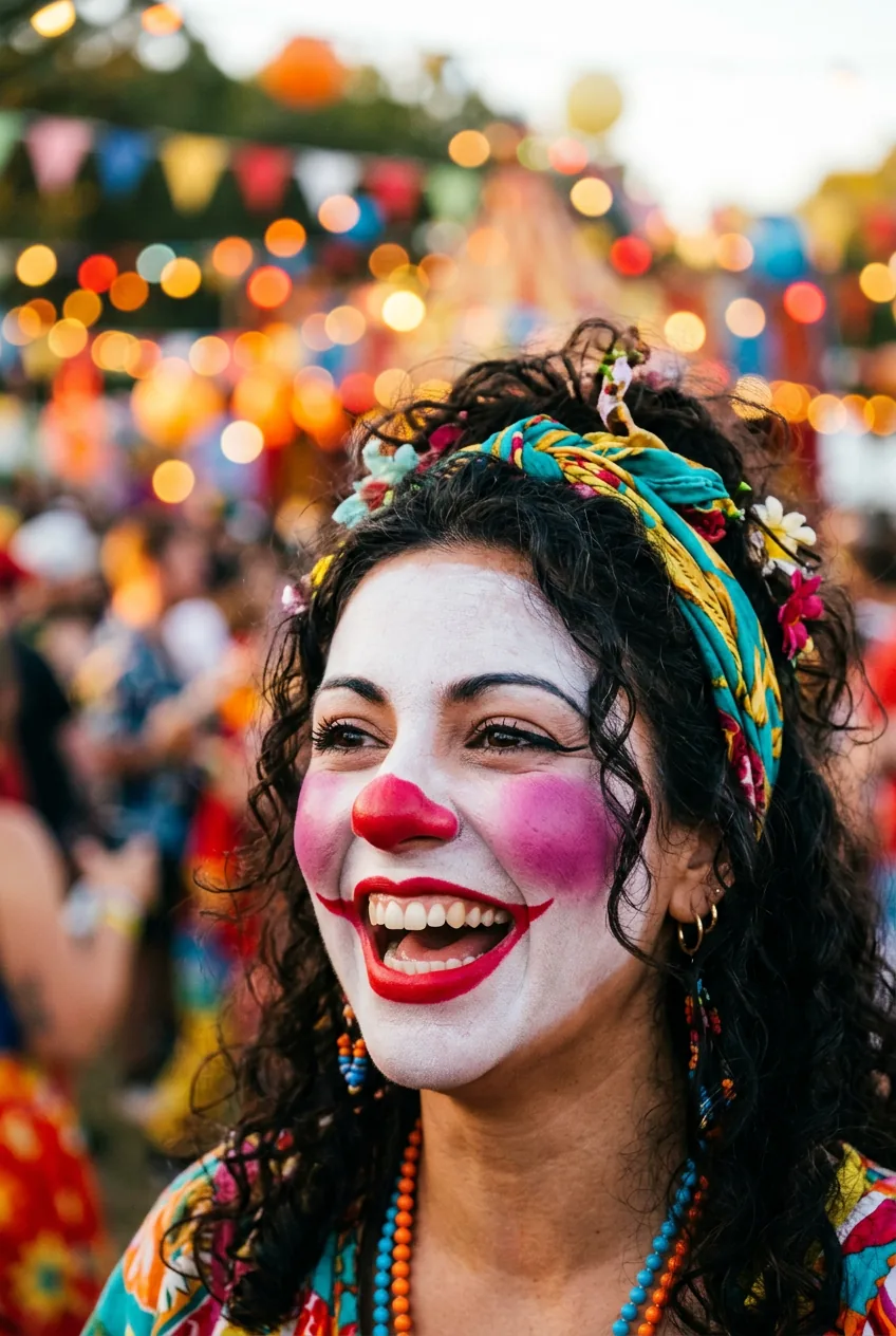 Smiling woman at outdoor festival wearing theatrical clown makeup with white base, cherry-red nose circle, and extended lip line in warm afternoon sun