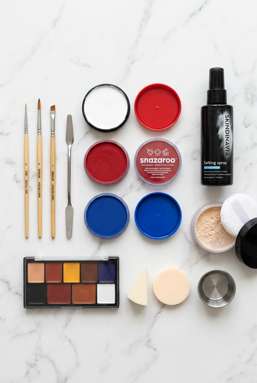 Flat lay overhead of white, red, and blue theatrical face paint pots, brushes, and setting spray on white marble