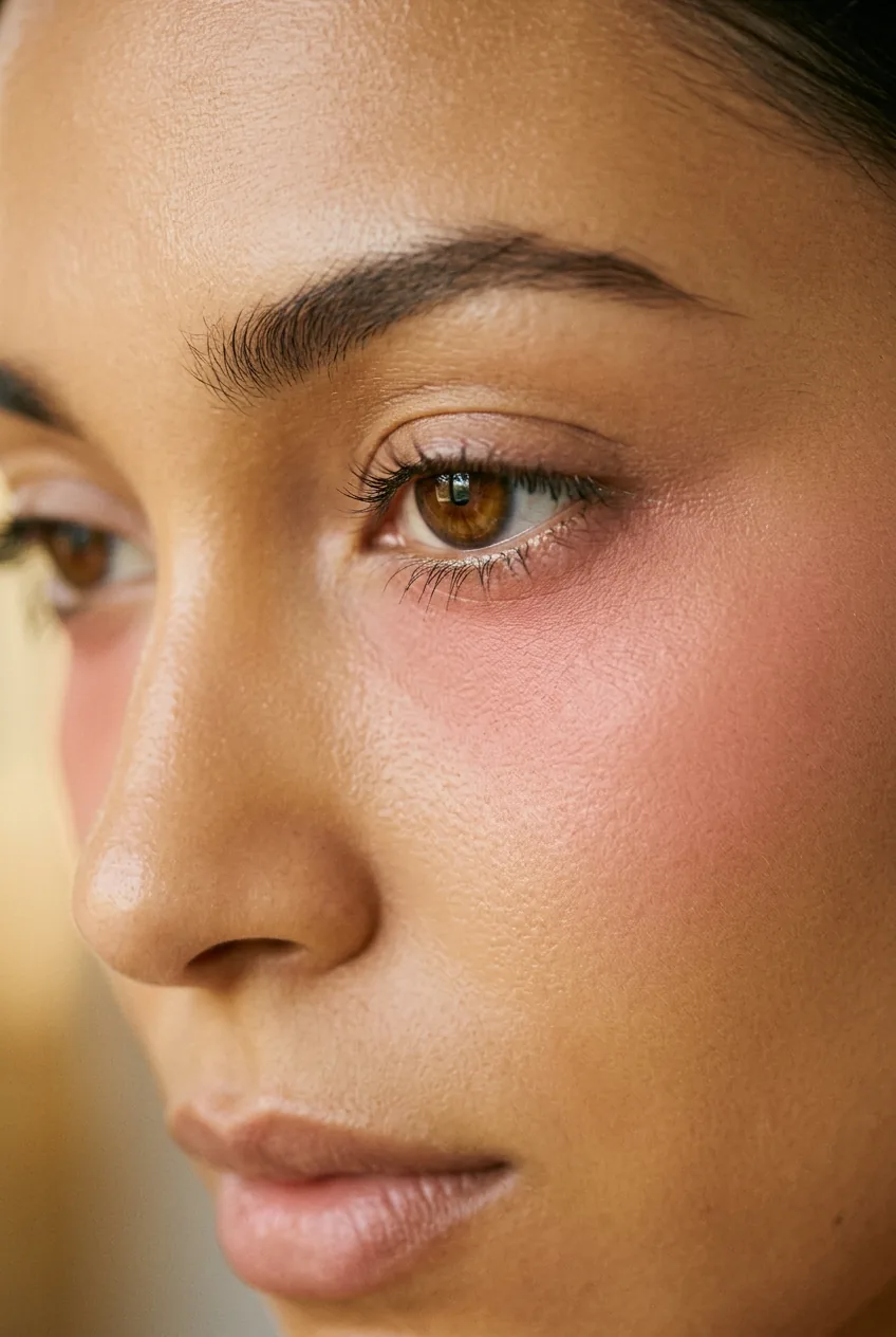 Close-up of woman with pink-peach under-eye blush placement below lower lash line creating a fresh awake glow