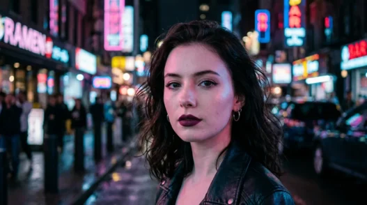 Woman with dark plum lips and pale porcelain skin under pink and blue neon city lights at night