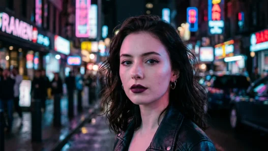 Woman with dark plum lips and pale porcelain skin under pink and blue neon city lights at night