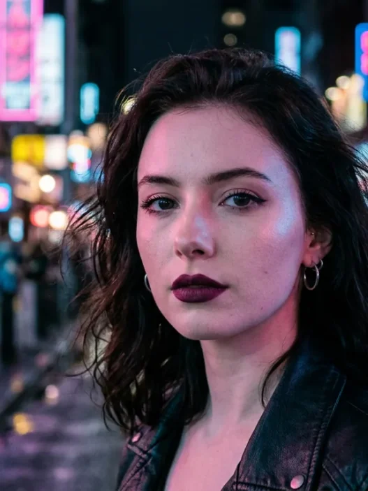 Woman with dark plum lips and pale porcelain skin under pink and blue neon city lights at night