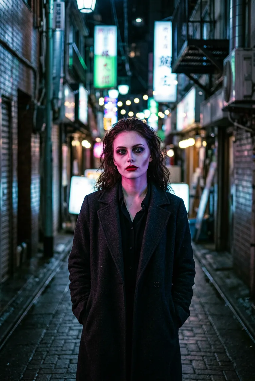 Theatrical dark makeup with crimson lips and hollowed contoured cheeks under neon alleyway lights at night