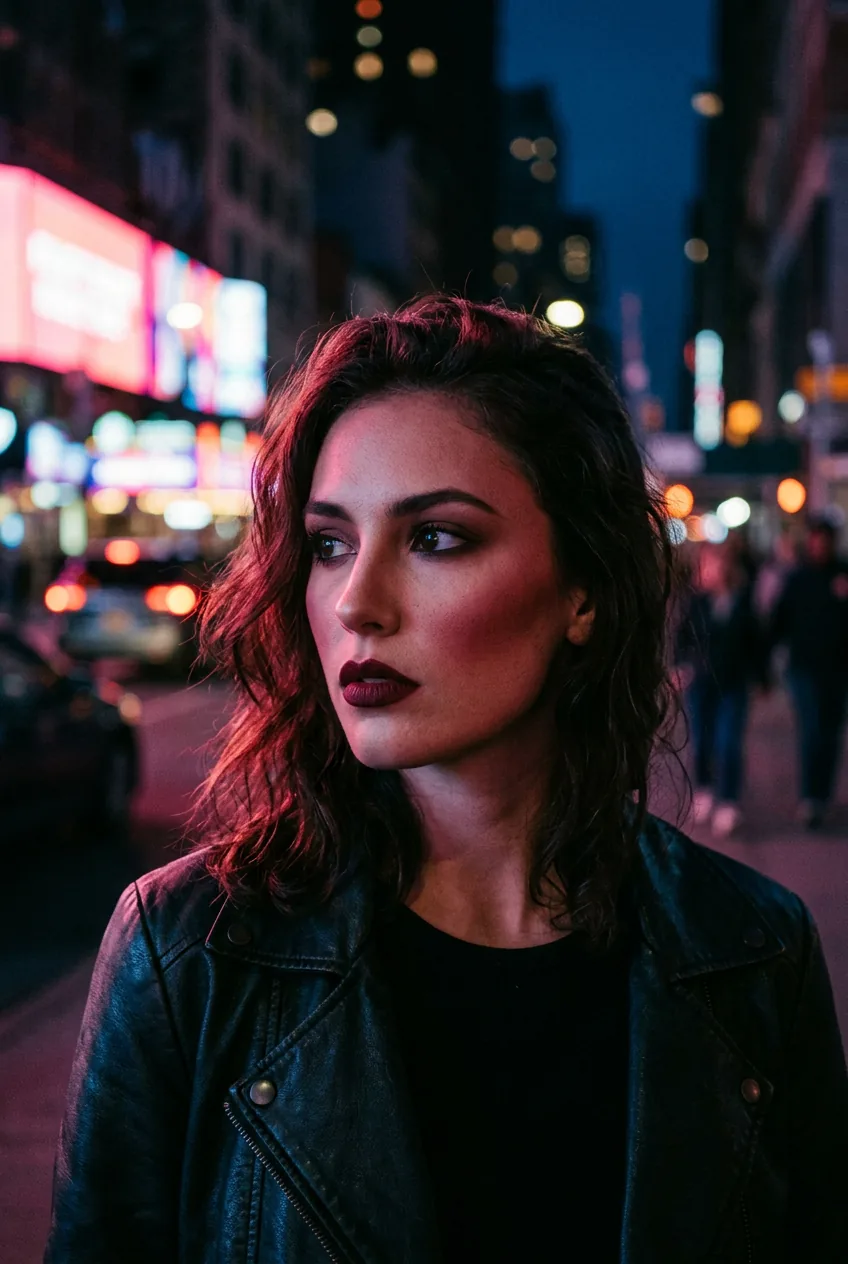 Woman with dark wine lip, high cheekbone contouring, and deep rose blush under split pink and blue neon light