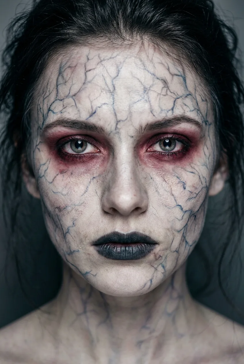 Close-up of branching blue-grey vein mapping across forehead and jaw with deep grey-black lips and red-rimmed zombie eyes