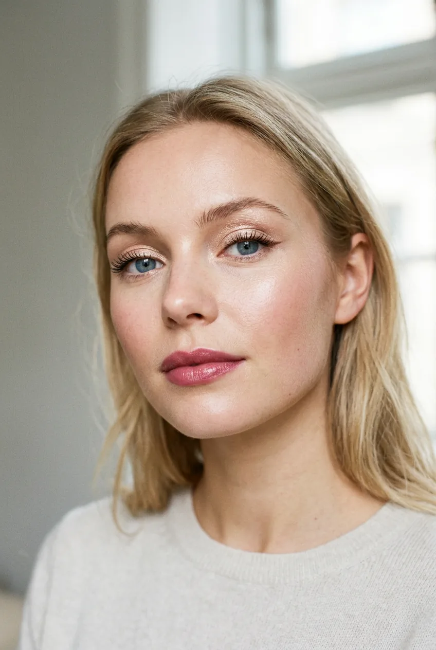 Woman wearing champagne shimmer eyeshadow and rosy mauve satin lip with elegant luminous skin