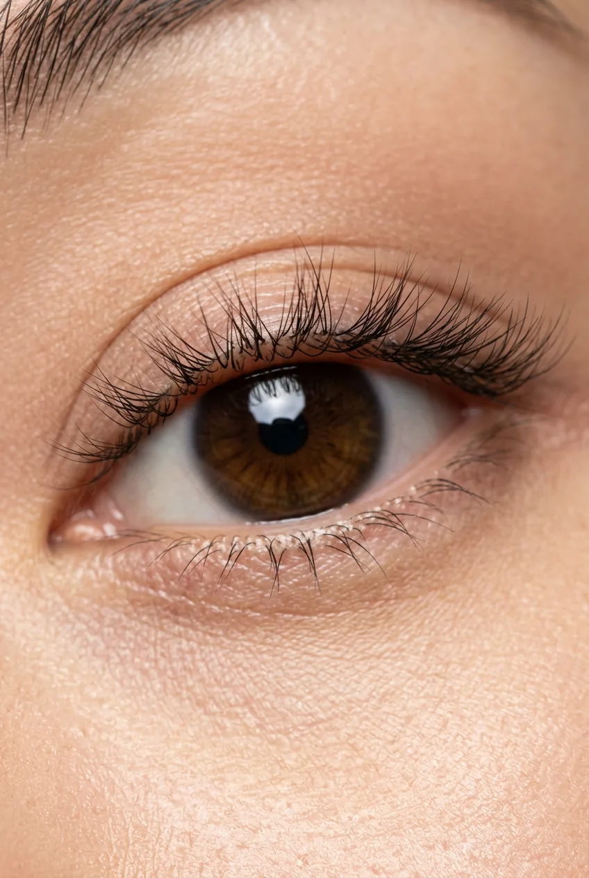 Macro close-up of wispy feather false lashes with visible gaps between clusters and catchlight in dark iris