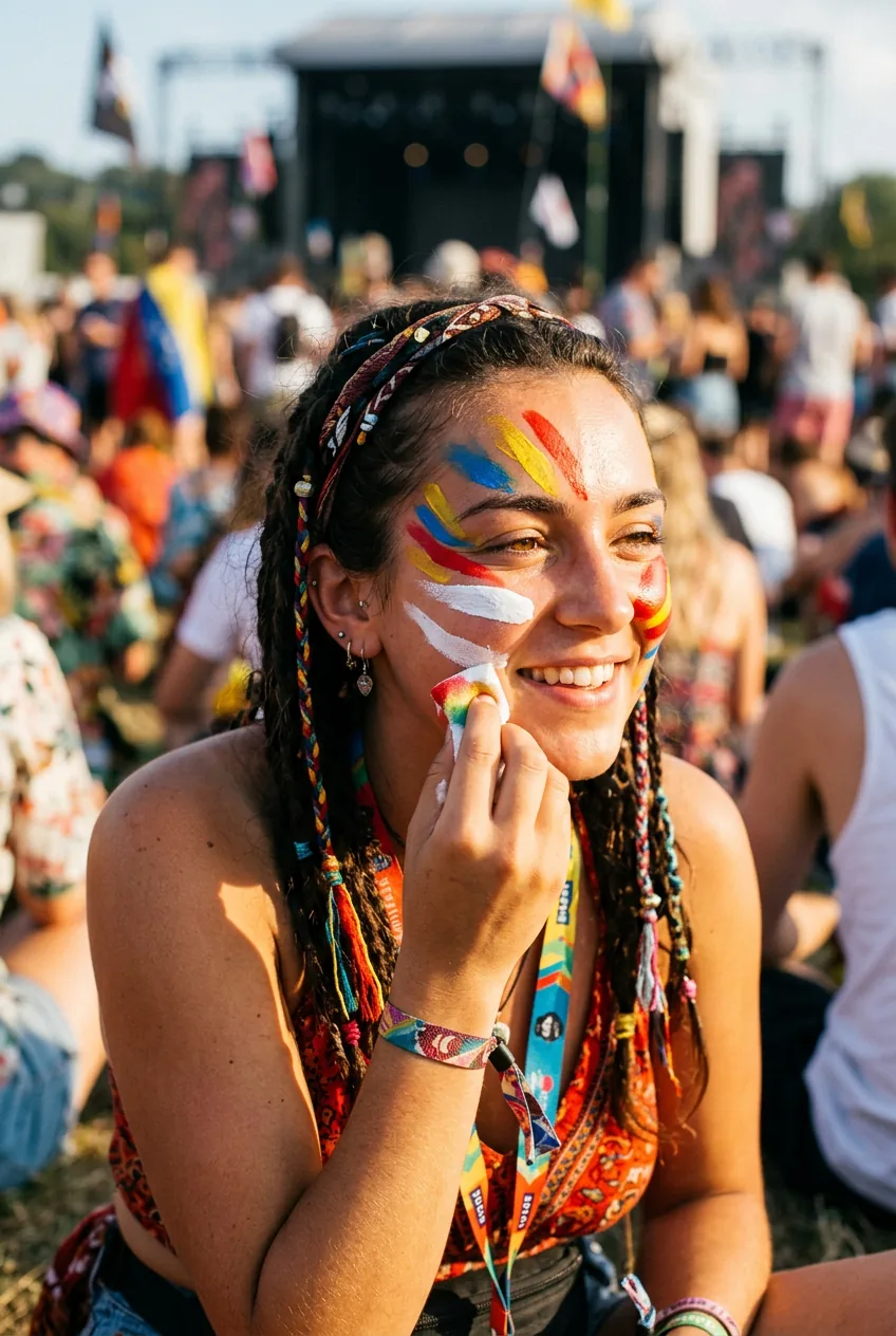 Woman at a festival carefully applying white face paint with a sponge, bright primary pigments visible on her cheeks in warm afternoon light