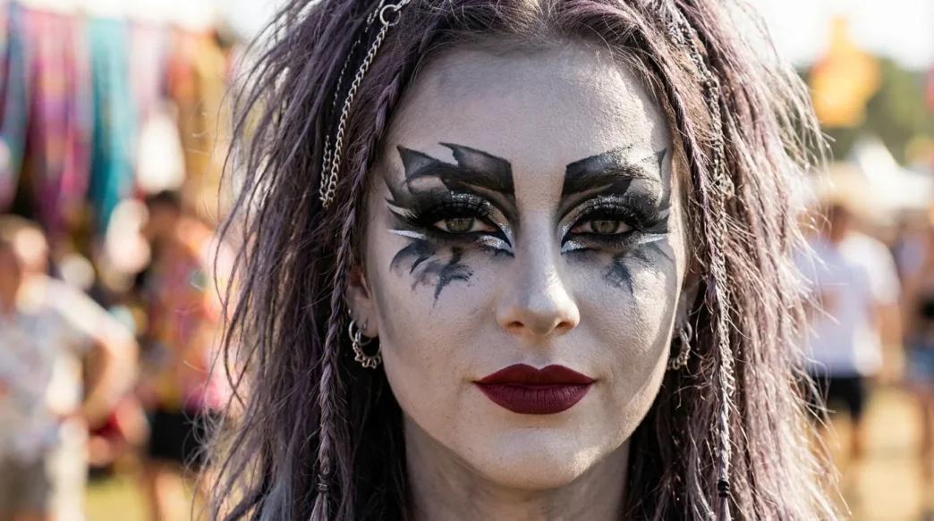 Woman wearing dramatic zombie-inspired makeup with ashen grey skin deep burgundy lip and graphic dark eyes in editorial close-up