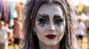 Woman wearing dramatic zombie-inspired makeup with ashen grey skin deep burgundy lip and graphic dark eyes in editorial close-up