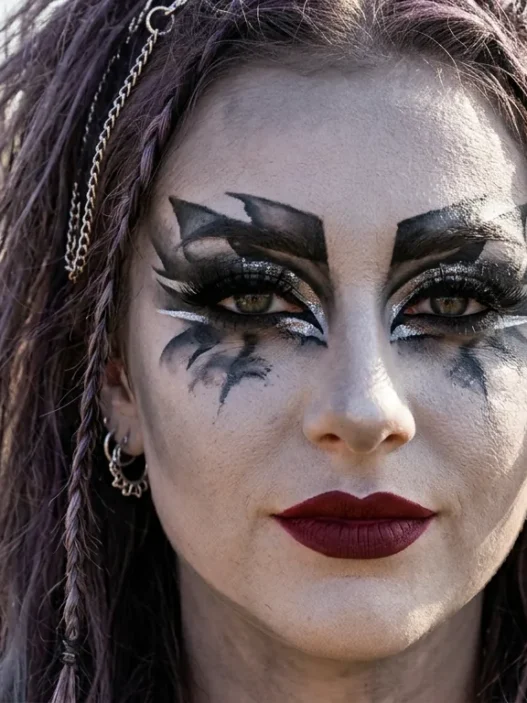 Woman wearing dramatic zombie-inspired makeup with ashen grey skin deep burgundy lip and graphic dark eyes in editorial close-up