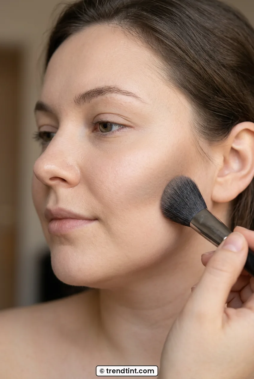 Close-up of angled brush blending cool contour under cheekbone with soft edge
