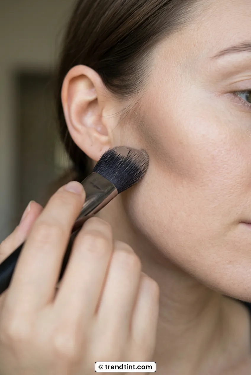 Close view of angled brush blending cool contour under lifted cheekbone