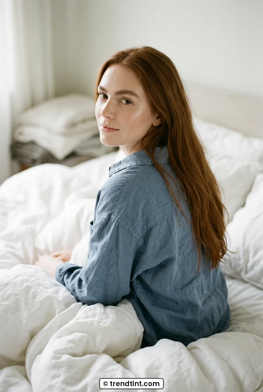 Over shoulder view of woman with long auburn hair and luminous natural makeup in bed