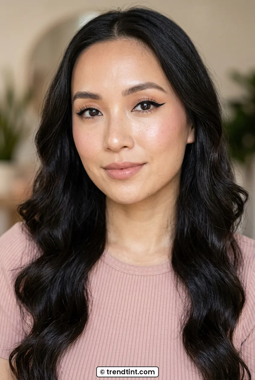 Chest-up portrait of woman with clean cat eye wings and balanced makeup