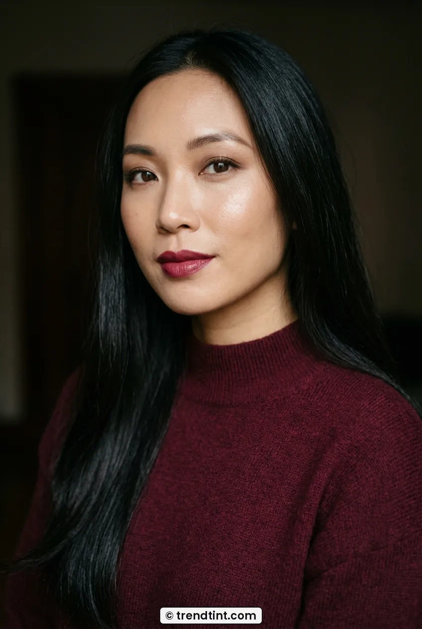 Woman with long black hair wearing dewy skin with soft brown eye and berry lip