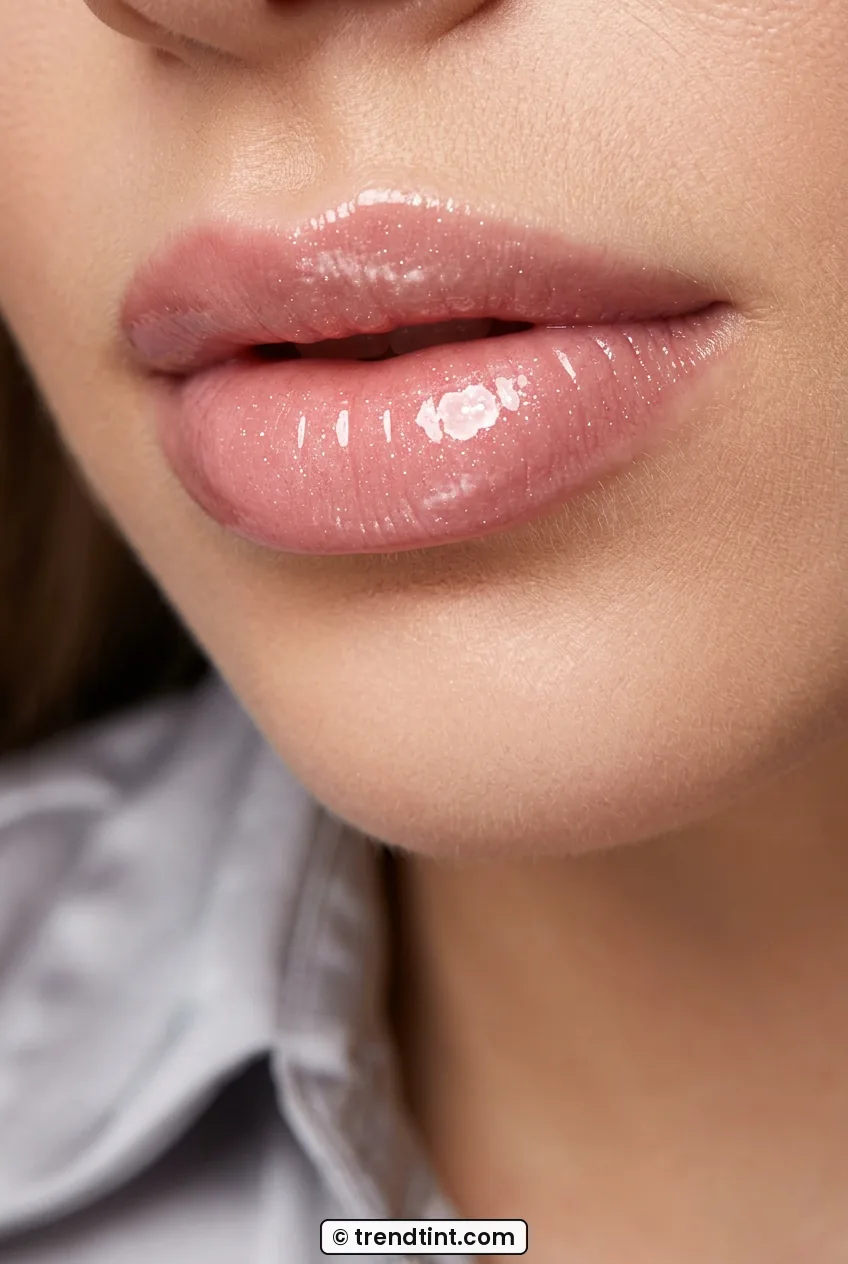 Close-up of woman with glassy ballet-pink gloss and subtle shimmer shine
