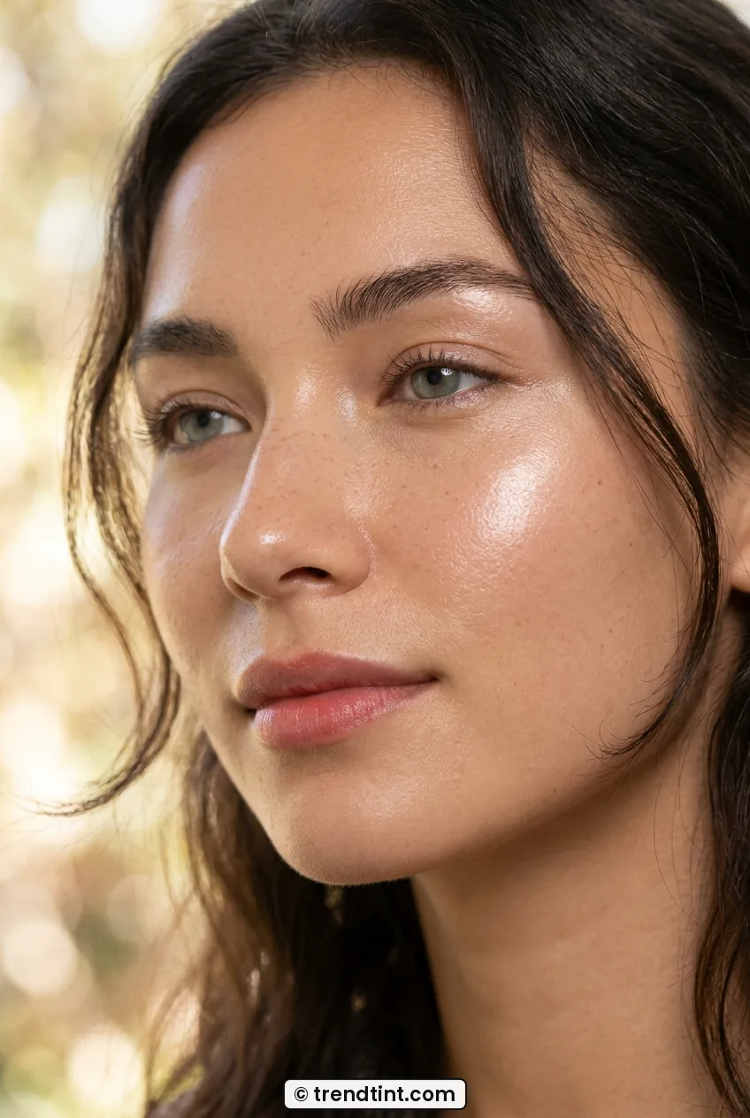 Woman with balm highlighter glowing on cheekbones with dewy skin