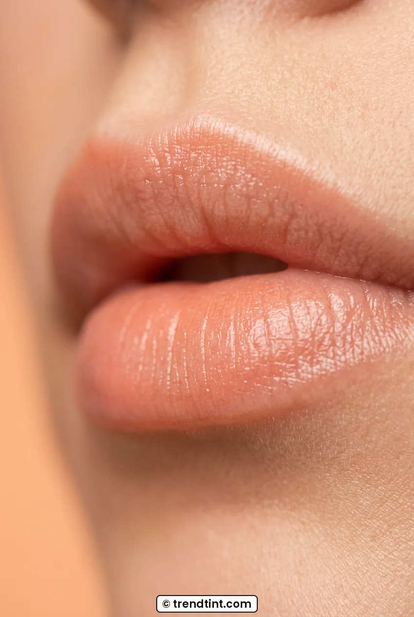 Close view of woman wearing sheer peach tinted balm with natural finish