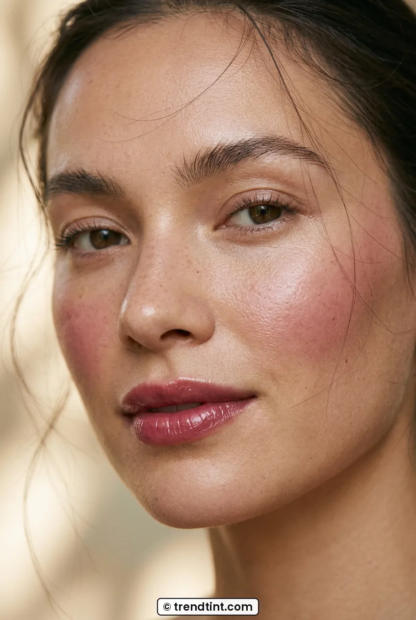Woman wearing sheer berry balm on cheeks and glossy lips in close-up