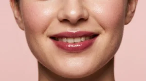Woman with sheer berry balm on smiling lips in soft beauty light