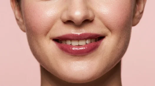 Woman with sheer berry balm on smiling lips in soft beauty light