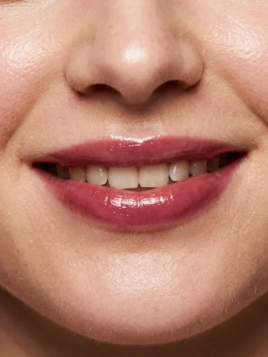 Woman with sheer berry balm on smiling lips in soft beauty light