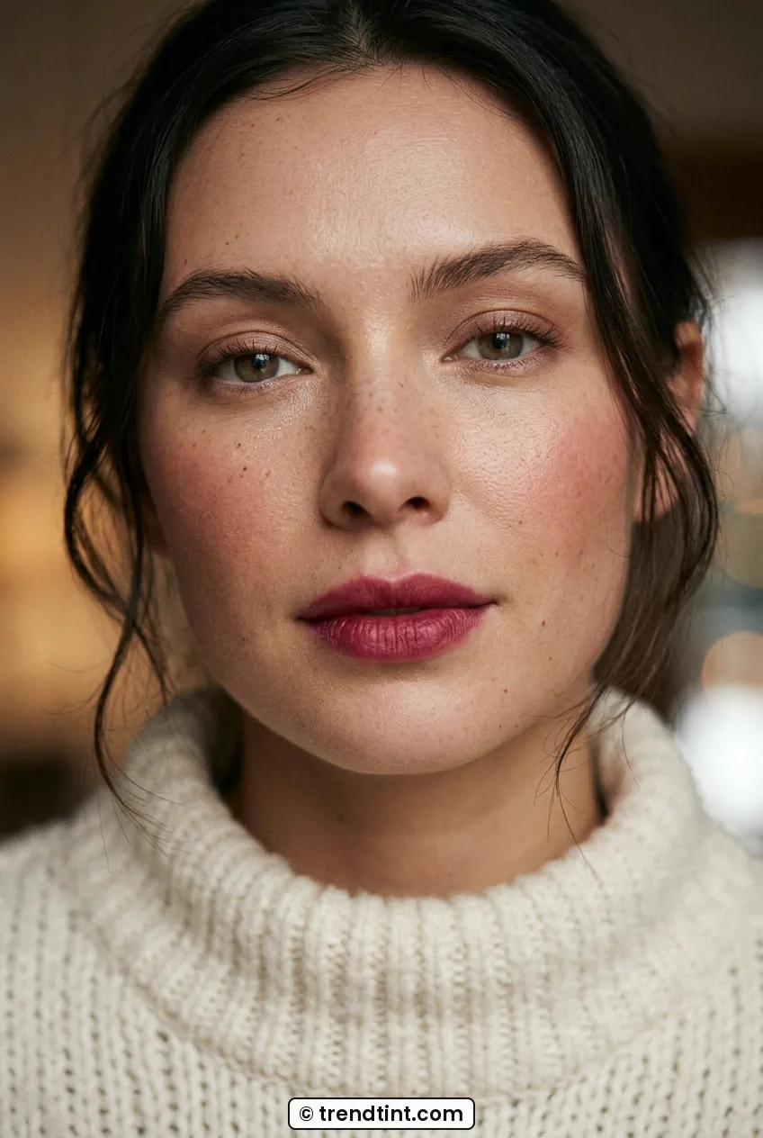 Woman with berry stained lips and flushed cheeks in natural light