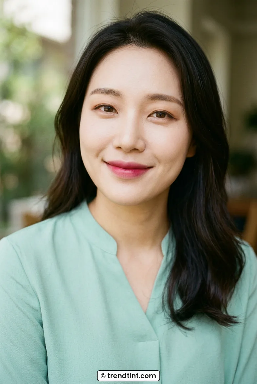 Woman smiling softly wearing bitten rose gradient lips in daylight