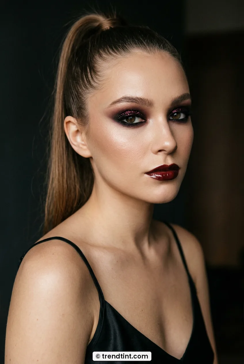 Woman with high ponytail wearing black cherry glitter eyeshadow and glossy dark lips