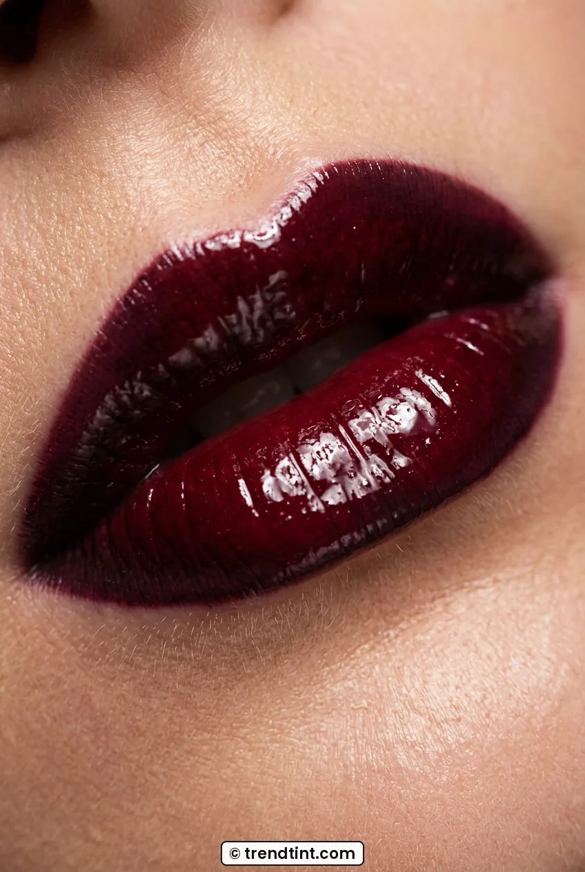 Close-up of woman lips wearing high-shine black cherry lacquer