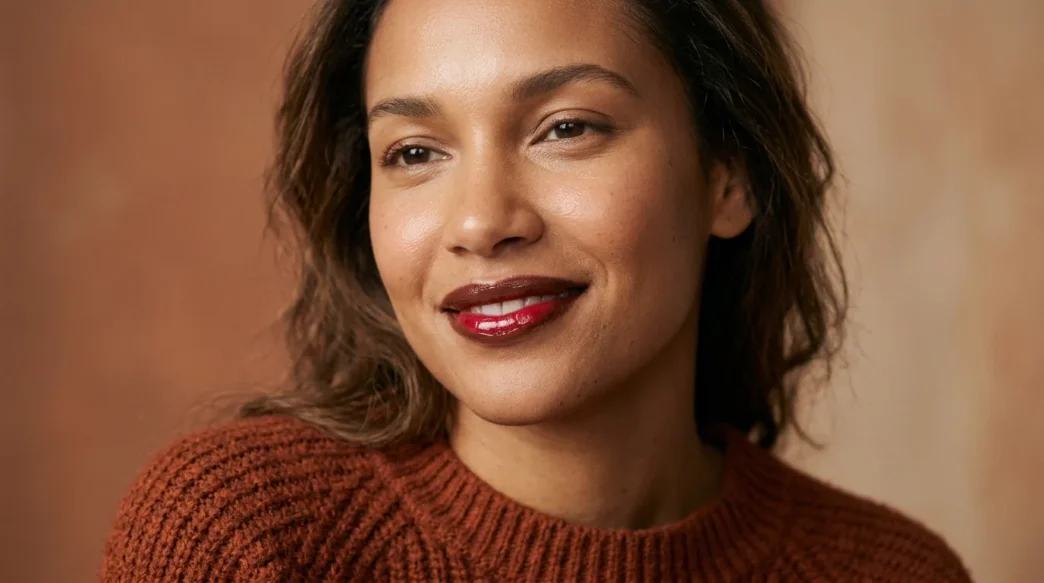 Woman wearing glossy cocoa and cherry lip combo in rust sweater under soft studio light