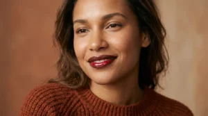 Woman wearing glossy cocoa and cherry lip combo in rust sweater under soft studio light