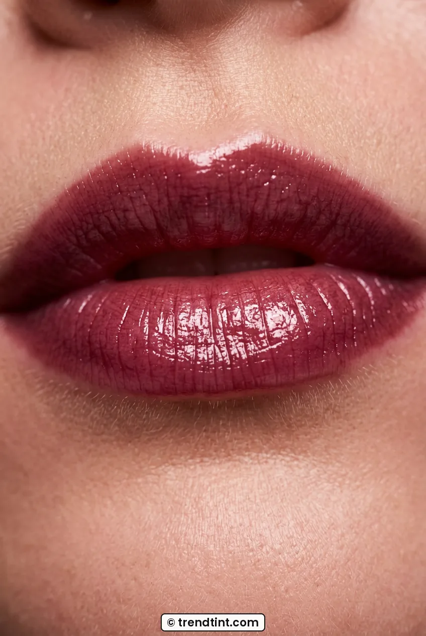 Close macro of woman wearing sheer blackberry balm with juicy stained shine