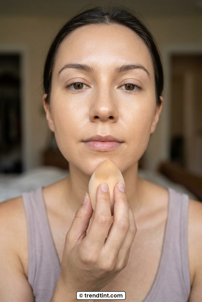Woman blending radiant foundation on center of face with damp sponge