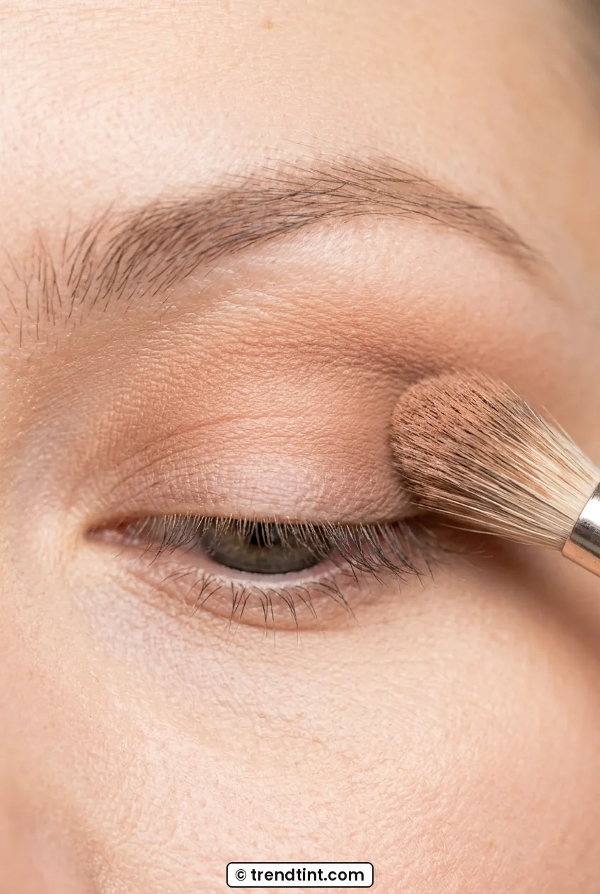 Fluffy brush blending warm transition shade above hooded eye crease softly
