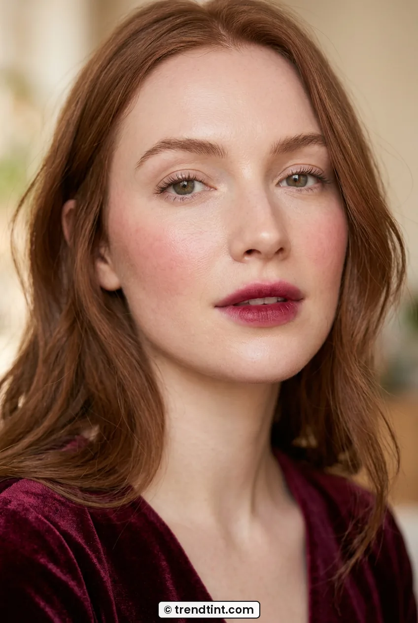 Woman with blurred berry lips and minimal eye makeup showing soft flushed cheeks close up