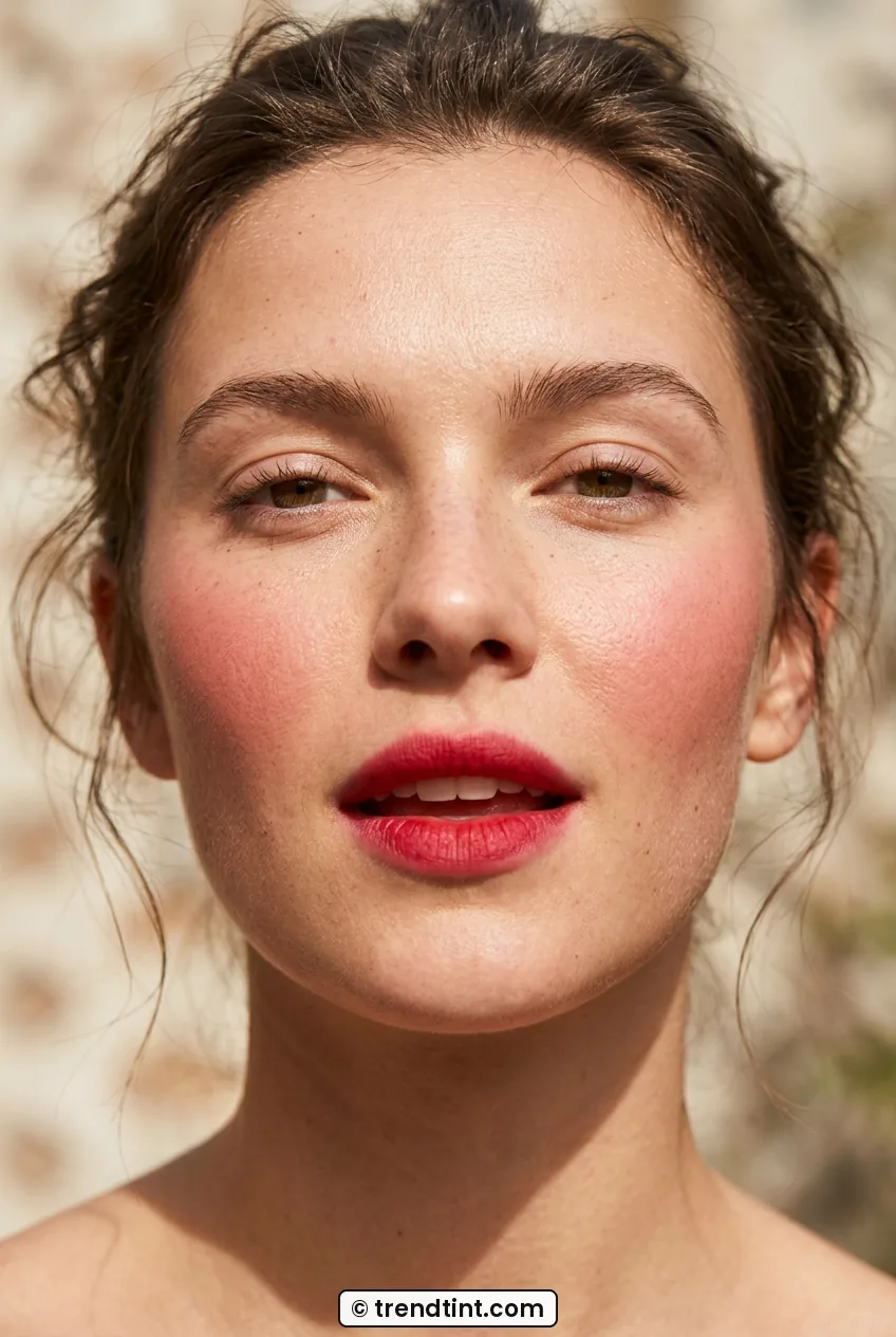 Woman with blurred cherry red lips and flushed cheeks in close-up