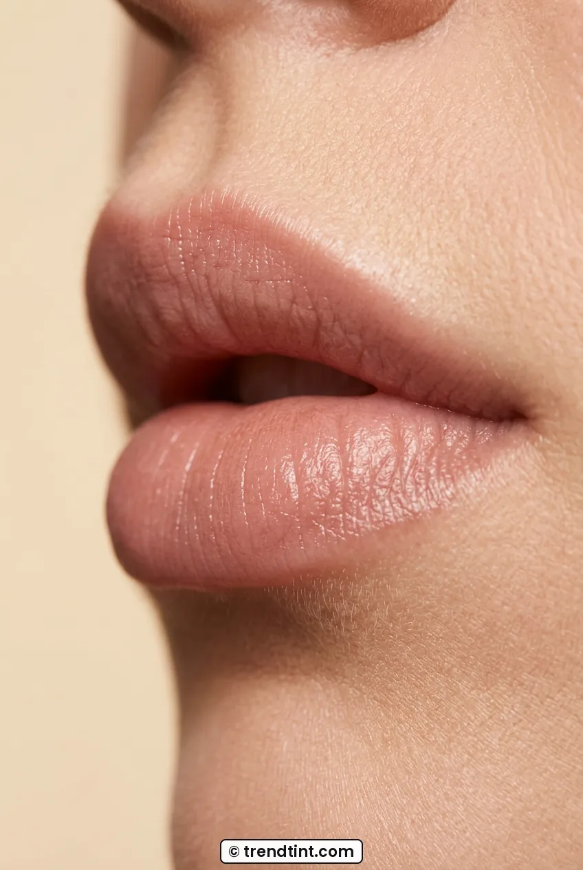 Side view of woman wearing softly blurred nude balm on full lips